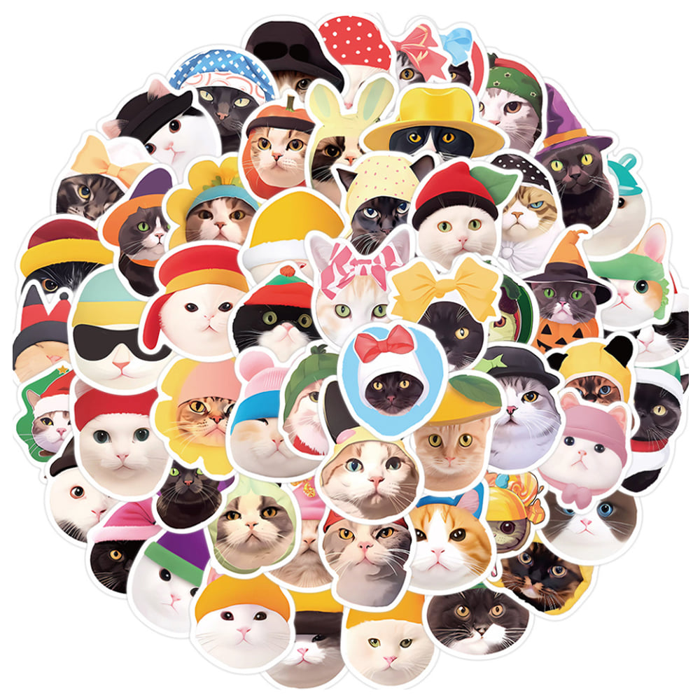 덕지샵 59장 모자 귀여운 고양이 얼굴 일러스트 캐리어 캠핑 노트북 아이패드 스티커