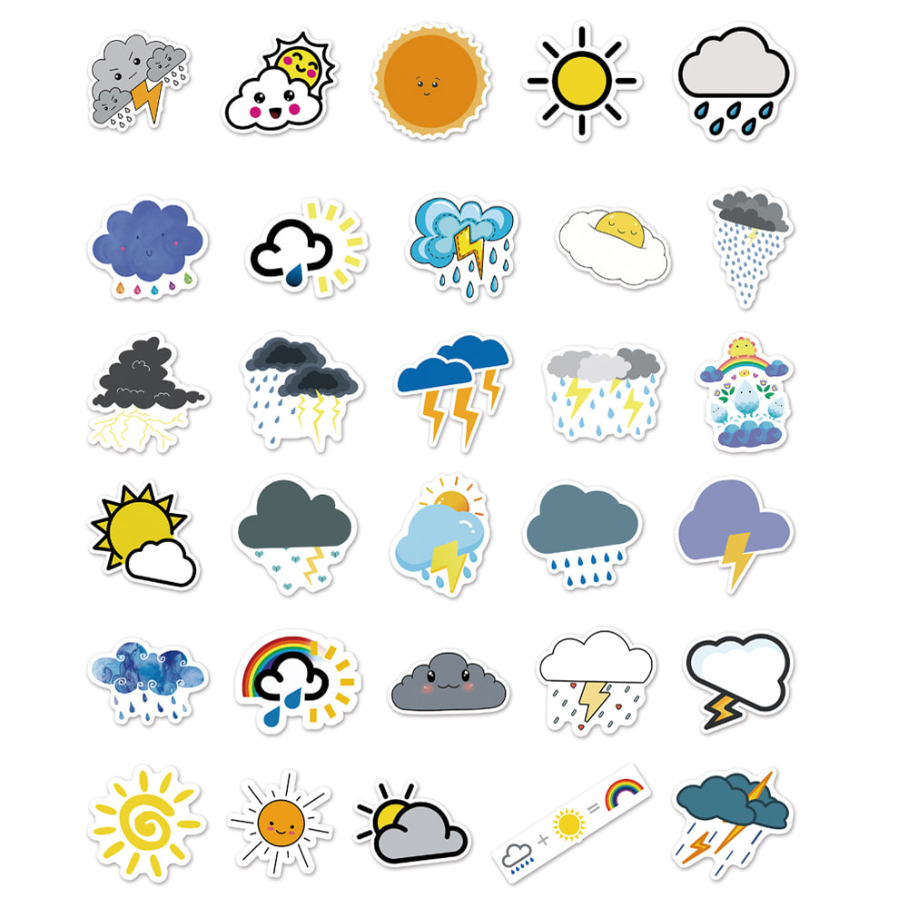 덕지샵 50장 카툰 날씨 구름 태양 번개 눈 일러스트 캐리어 캠핑 노트북 아이패드 스티커