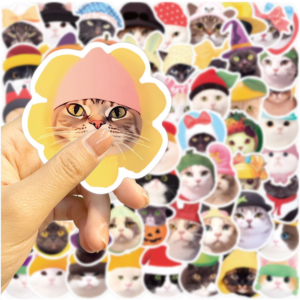 덕지샵 59장 모자 귀여운 고양이 얼굴 일러스트 캐리어 캠핑 노트북 아이패드 스티커