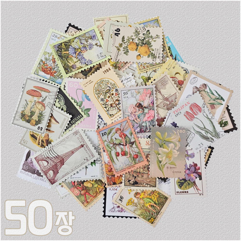 덕지샵 50장 빈티지 파리 튤립 꽃 포스터 우표 캐리어 캠핑 노트북 아이패드 스티커